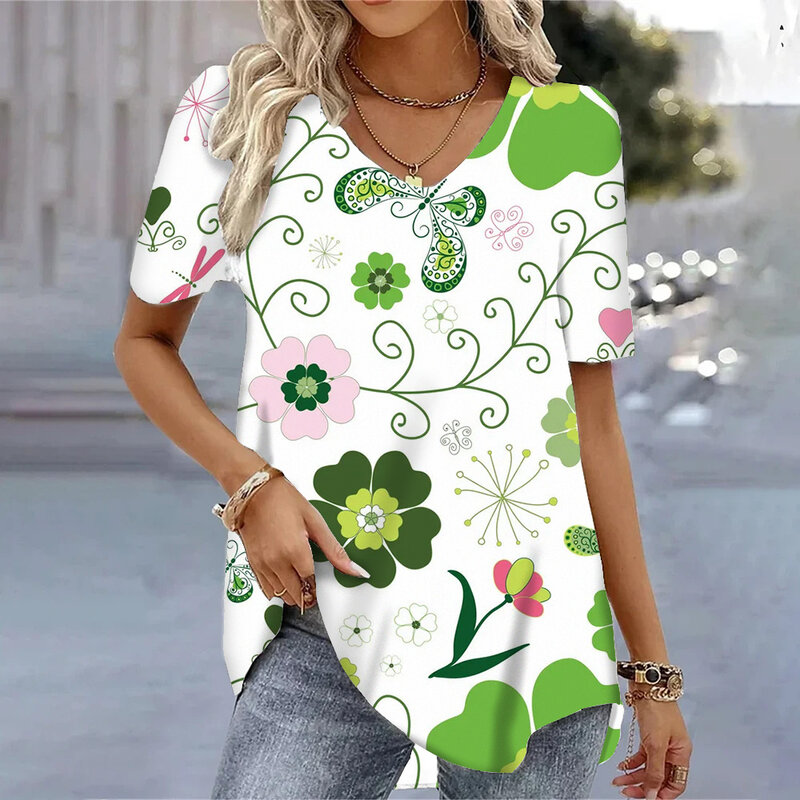 Wiosna Vintage V Neck Koszulka z krótkim rękawem Dla Kobiet Luźne Topy Nadruk 3d Letnie Koszulki Oversize Odzież Damska 2024