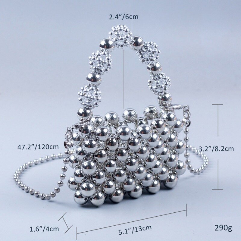 Mini Bag Design Electric Silver Hand Woven Beaded Handbag Ladies Party Wedding Lipstick Bag Hollow Out Chain Crossbody Bag 2023