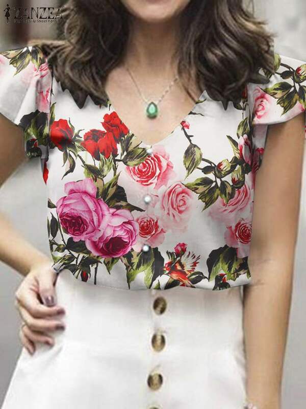 Zanzea-blusa estampada floral vintage para as mulheres, camisa de manga curta, decote em v, casual, trabalho, férias, verão