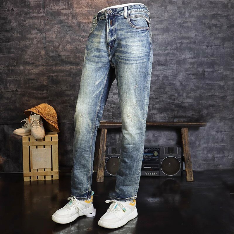 Celana jins robek biru elastis pria, celana Denim desainer Vintage kualitas tinggi, jins robek pas badan gaya Italia, celana Jeans Retro pria