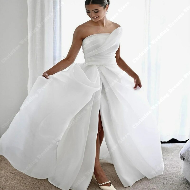 Czysta biała bufiaste rękawy satynowa suknia ślubna Sexy wysoki rozcięcie z boku suknie ślubne w stylu proste style Court Train Vestidos De Novia
