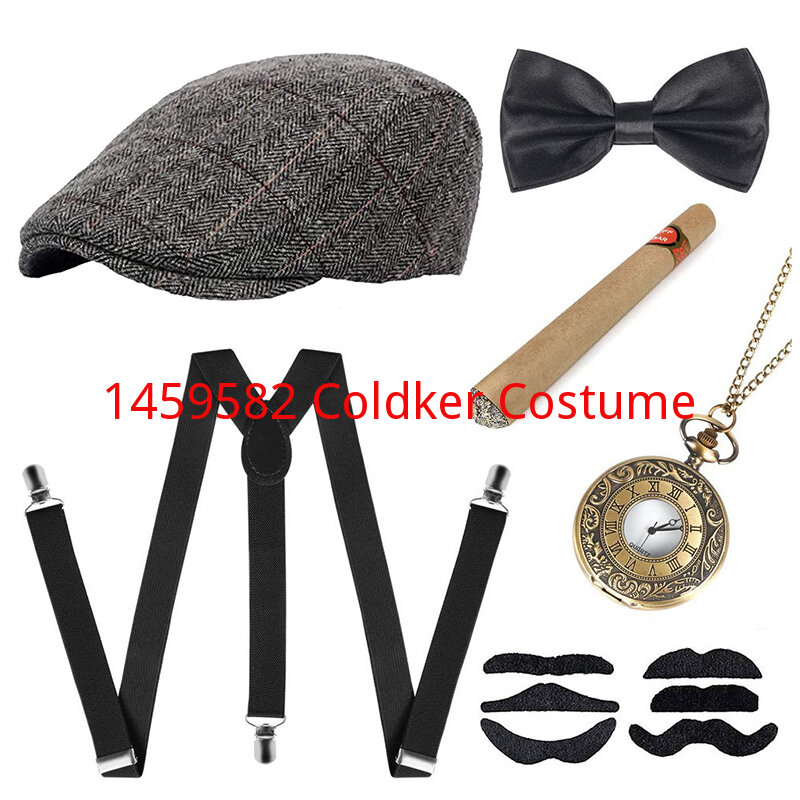 1920s Mens Great Gatsby Accessories Set 6PCS Black White Gray Blue Roaring 20s 30s Retro Gangster Costume Tie Hat