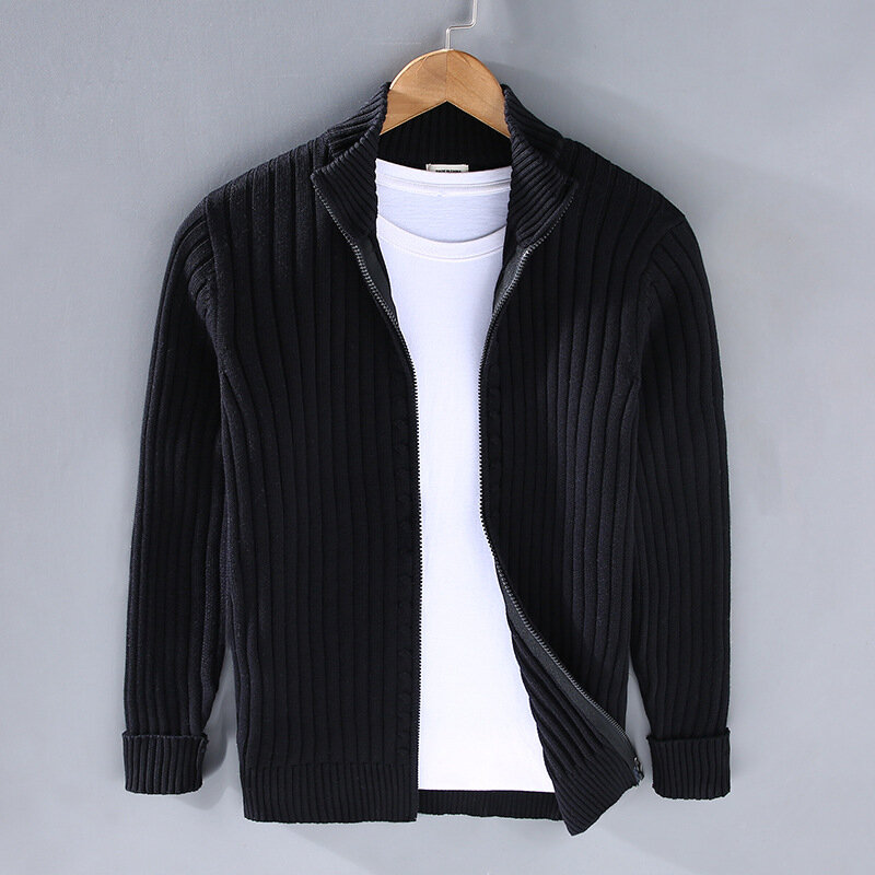Autumn Winter New Men Cardigan Sweater Men's Stand Collar Zipper Cotton 100% Thickened Knit Solid Color High Street Clothes