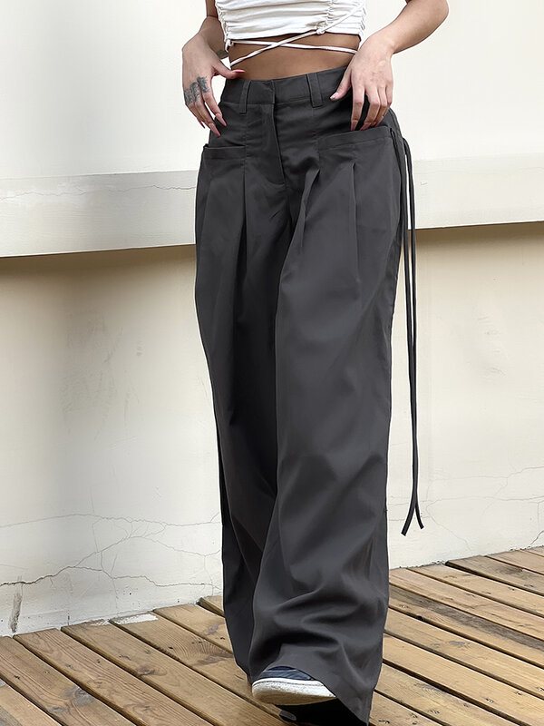 Heyoungirl กางเกงผู้หญิงใส่ทำงานสีเทา, กางเกงลำลองผู้หญิงเอวสูงย้อนยุคเกาหลีกางเกงขาม้ากางเกงวอร์มกางเกงหลวม
