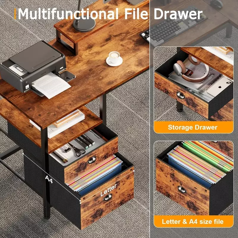 66 "L-shaped Computer Desk with Shelves, Foldable Corner Game Table with File Drawers and Dual Monitor Stand, Rustic Brown Color