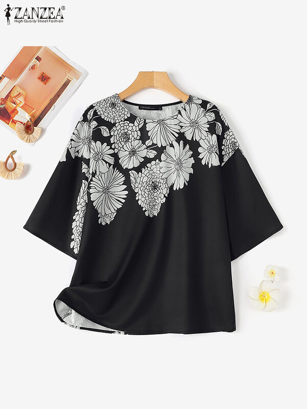 ZANZEA Oversize Summer Blusa Women Casual Floral Printed O-neck T-shirts 3/4 Sleeve Baggy Retro Fashion Tunic Tops Loose Blouses
