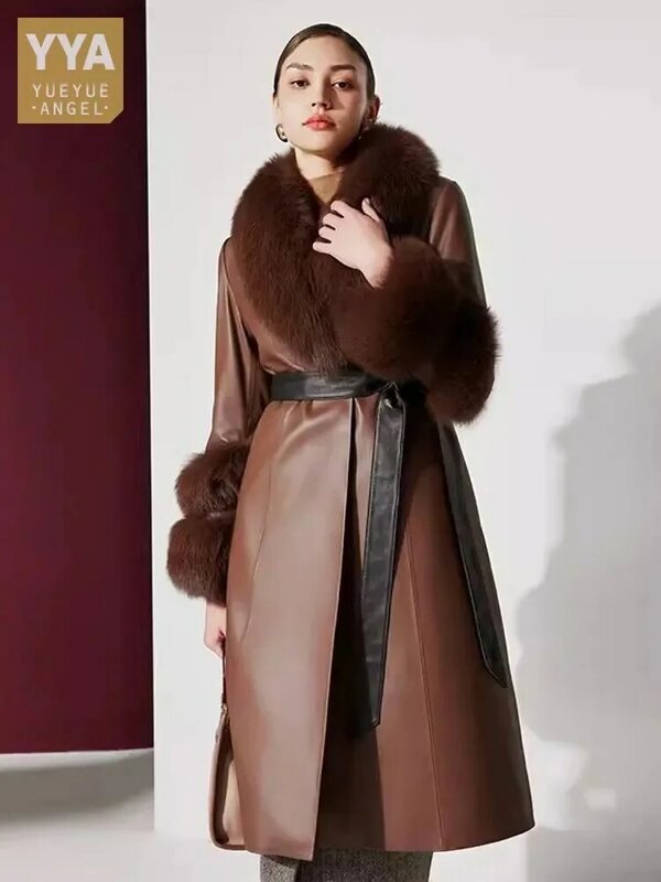 Luksusowy damski bankiet kołnierz z futra lisa długi kurtka z prawdziwej skóry owczej zimowy ciepły płaszcz z gęsim paskiem elegancki płaszcz