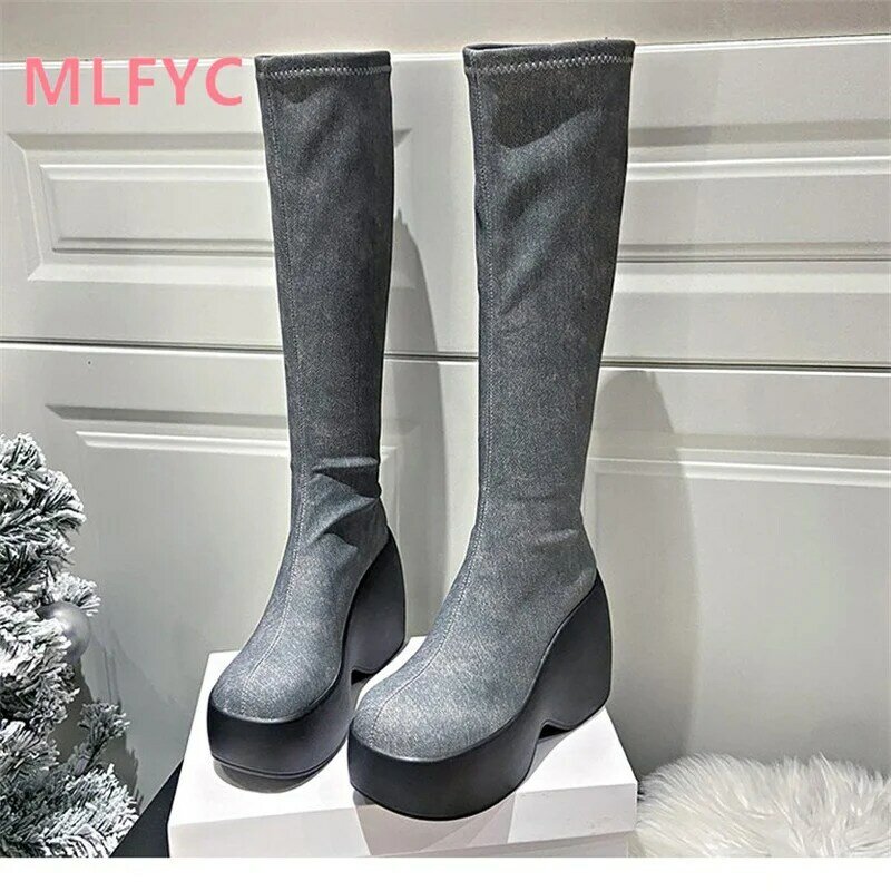 Internet celebrity Spicy Girls Fashion Boots Autumn/Winter Short Boots Women's Thick Sole Mid Sleeve Boots Elastic Slim Boots