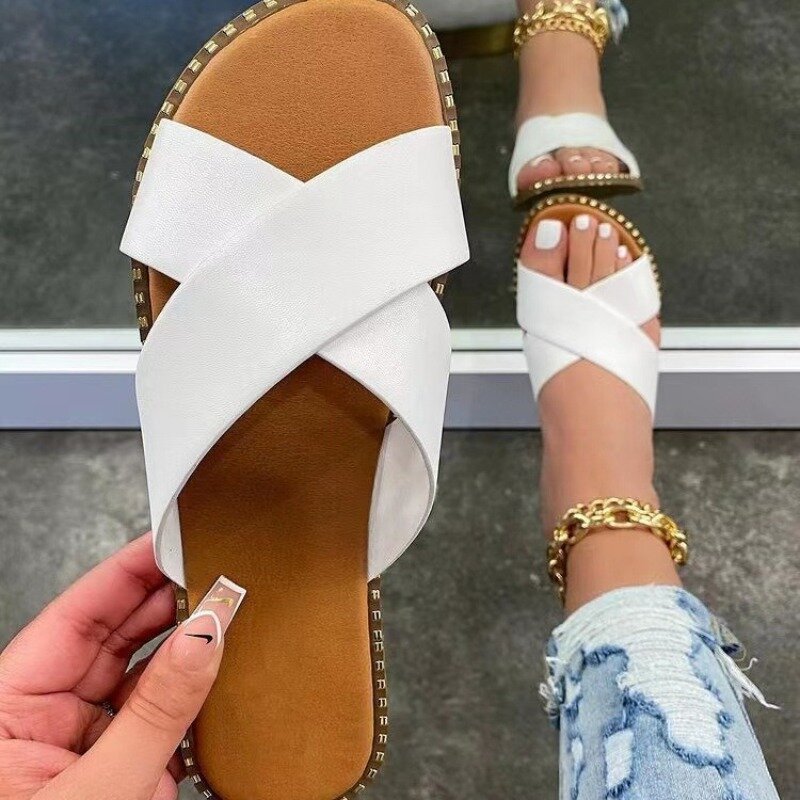Comemore 2024 New Large Size Flat Bottom Casual Leopard Print Women's Slippers Sandals Summer Cheap Shoe Liquidation Large Size