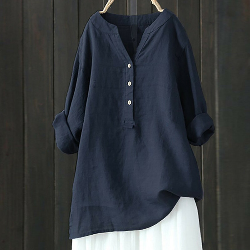 Blusa extragrande de manga comprida de algodão feminino, camisa vintage elegante de botão, camisa casual solta, plus size, verão, 2024