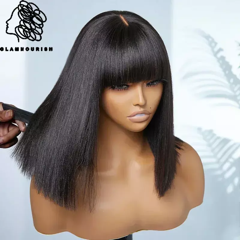 Proste włosy ludzkie peruka z grzywką Bob realistycznie wyglądają sztuczne koronkowe peruki bezklejowe brazylijskie ludzkie dziewicze włosy peruki o 180 gęstości