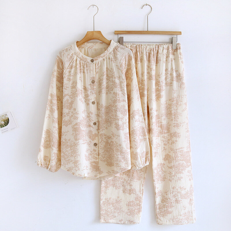 Komplet piżamy z okrągłym dekoltem bielizna nocna z długim rękawem damska z nadrukiem odzież domowa bawełniana gaza luźne spodnie komplet jesień nowość