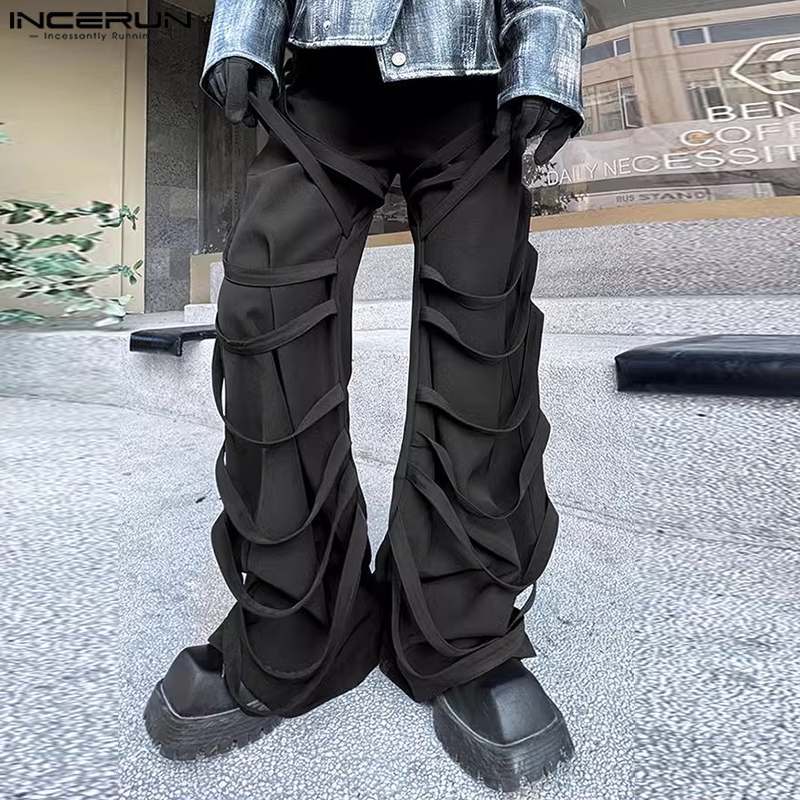 INCERUN 2024 Korean Style Trousers Fashion Men's Personality Tie Belt Decorative Pants Stylish Male Straight Leg Pantalons S-5XL