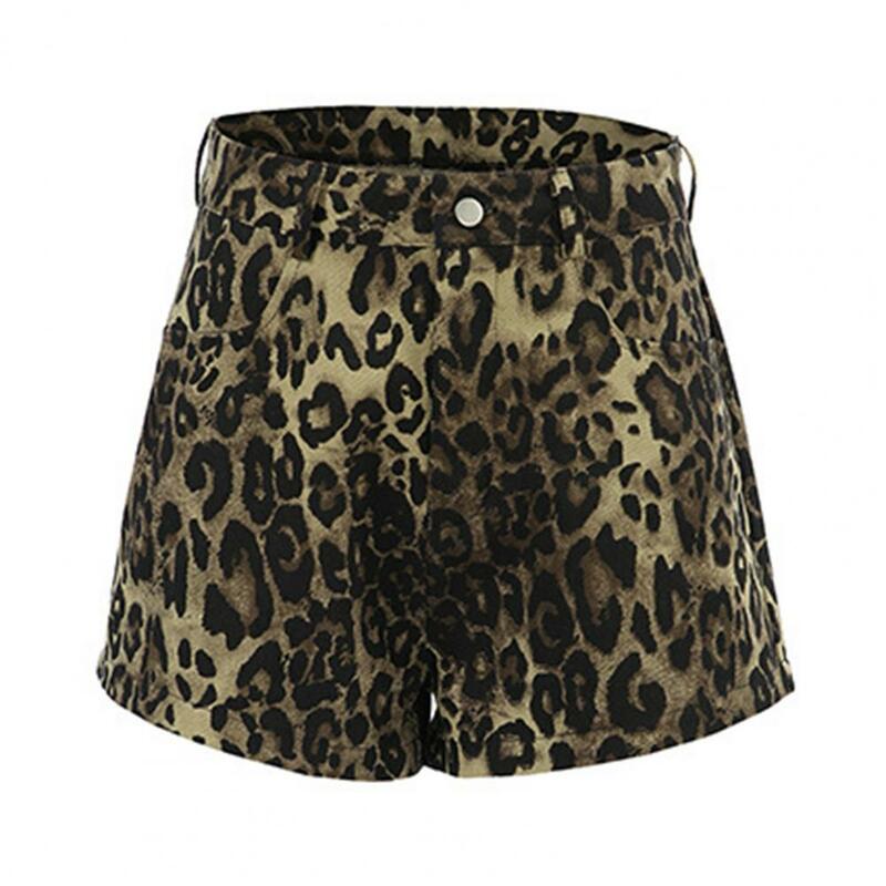 Shorts de cintura alta com estampa de leopardo feminino, mini shorts slim fit lateral, festas de verão