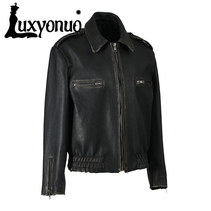 Luxyonuo Women's Real Leather Jacket Vintage Zipper Genuine Cowhide Jacket 2023 Spring Autumn Fashion Oversize Leather Jacket