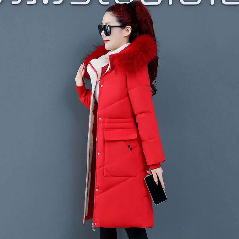 Длинное женское зимнее пальто выше колена на хлопковом наполнителе, облегающее Взрывобезопасное пальто с большим меховым воротником и капюшоном на хлопковом наполнителе