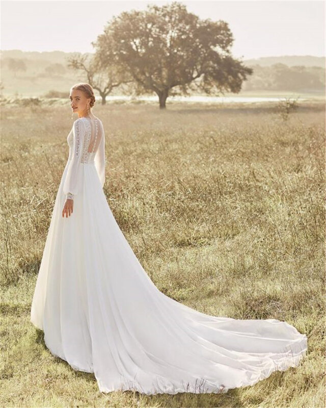 Romantic Long Sleeve Bridal Gown Elegant Deep V-Neck Straight Wedding Dresses Illusion Chiffion Robe de Mariee