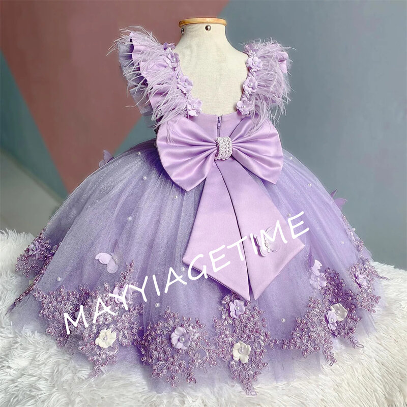 Vestido de niña de flores de mariposa 3D, pluma de lujo púrpura con perlas, lazo hinchado, tul, fiesta de cumpleaños, vestidos de primera comunión