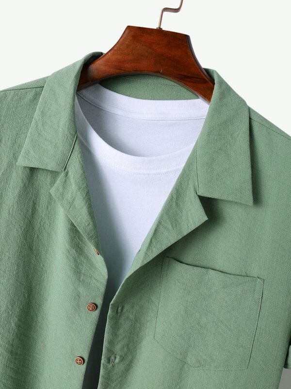 Zaful-Camisa de manga curta masculina com conjunto de calças elásticas de cintura média, gola de lapela, botão, cor sólida, 2 peças, Z5083954