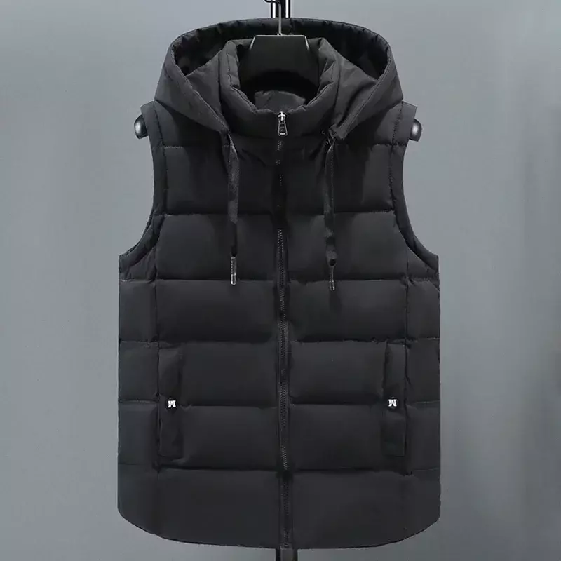 Chaleco negro con capucha para hombre, chaqueta gruesa y cálida de algodón sin mangas, Parka lisa con cremallera, novedad de otoño e invierno, 2023