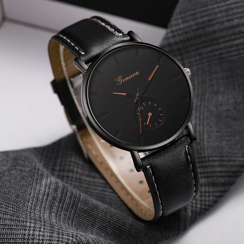 男性用ブラックビーズブレスレットとネックレスセット,シンプルなメンズ腕時計,クォーツ腕時計,レザーストラップ,ビジネスファッション,3個