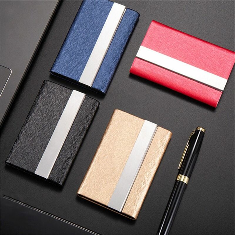 Fashion PU Leather Business Card Case Stainless Steel Slim Pocket Name Card Holder Multicolor Metal ID Case Wallet Women Men