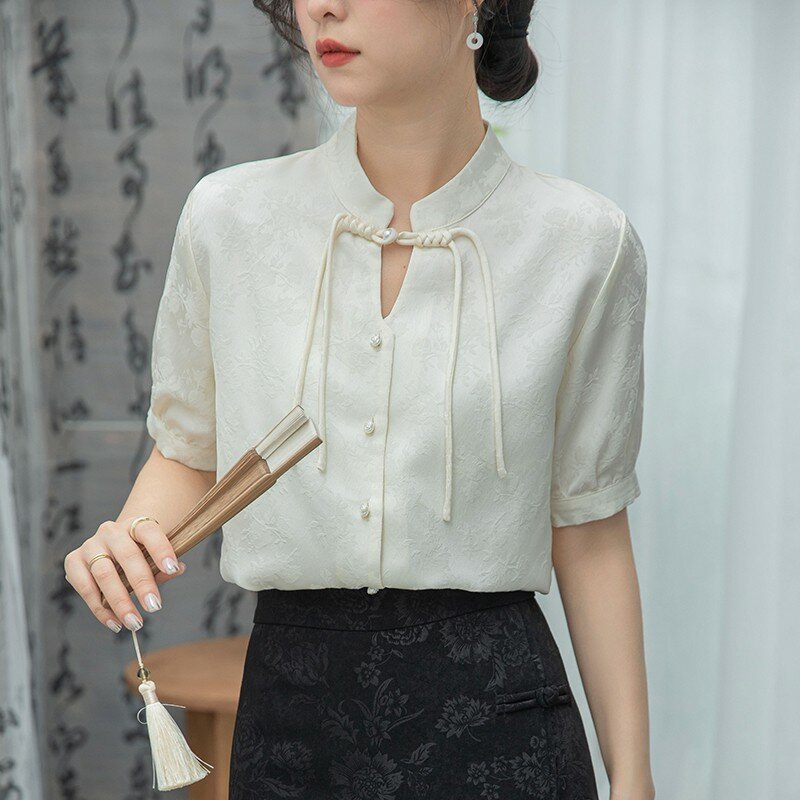 Kemeja wanita, atasan lengan pendek elegan wanita dasar kerah Mandarin gaya Tiongkok Vintage 2024