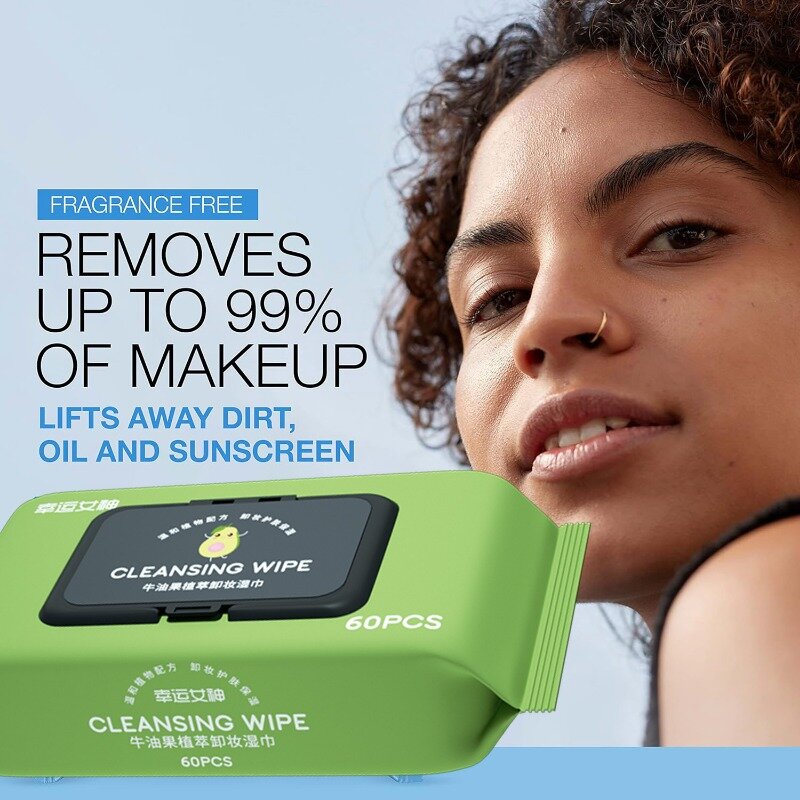 Abacate Makeup Remover Wipes, portátil, limpeza profunda, olho, rosto, lábio, único, 2 pacotes, 120 pcs