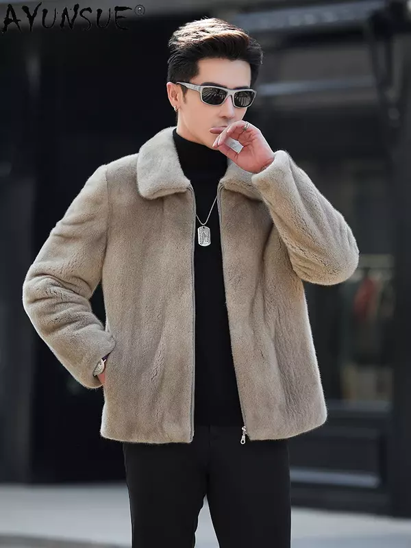 AYUNSUE giacche di visone in vera pelliccia per uomo 2023 inverno Casual risvolto cappotto di pelliccia naturale giacche di pelliccia di visone di fascia alta moda Chaquetas