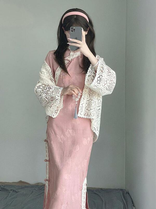 Robe en dentelle rose pour femme, Cheongsam améliorée, Qipao gracieux, Style asiatique éducatif, République de Chine, Nouveau, Printemps