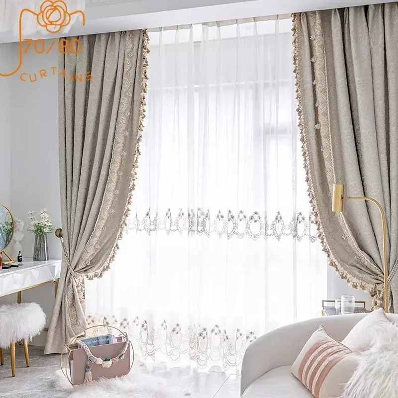 Cortinas opacas de alta gama para sala de estar y dormitorio, tela de lino y algodón en relieve, Jacquard, con costura de encaje, productos personalizados