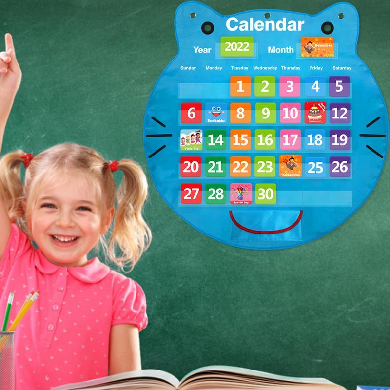 Tabla de bolsillo para Calendario de aula, tabla de bolsillo con forma de gato de dibujos animados, material de enseñanza impreso transparente con bolsillo inferior