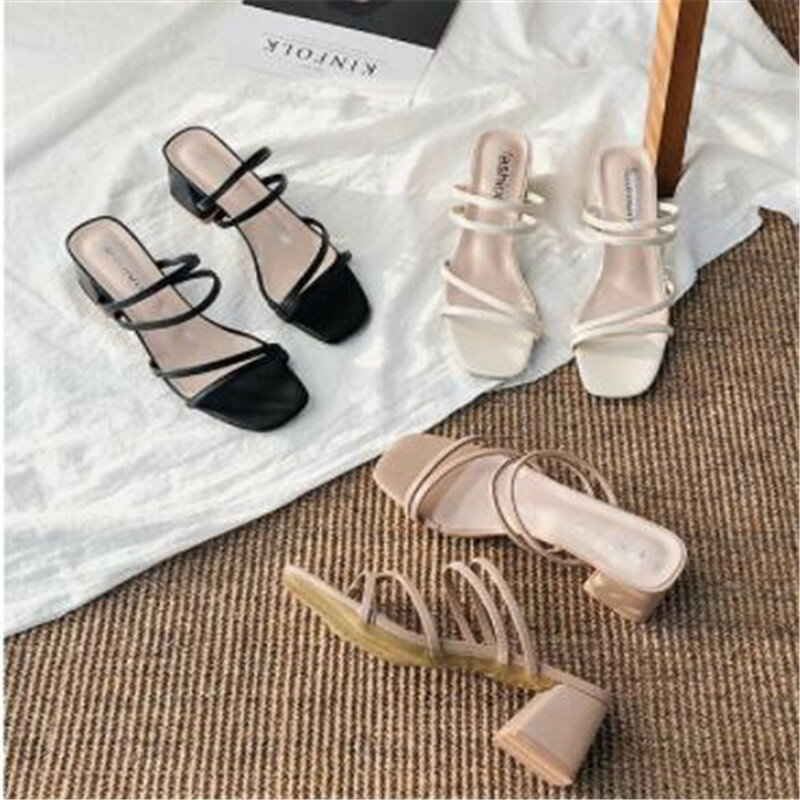 Sandálias elegantes de couro quadrado para mulheres, chinelos externos, corrediças amarradas na cruz, moda feminina, verão, 2023