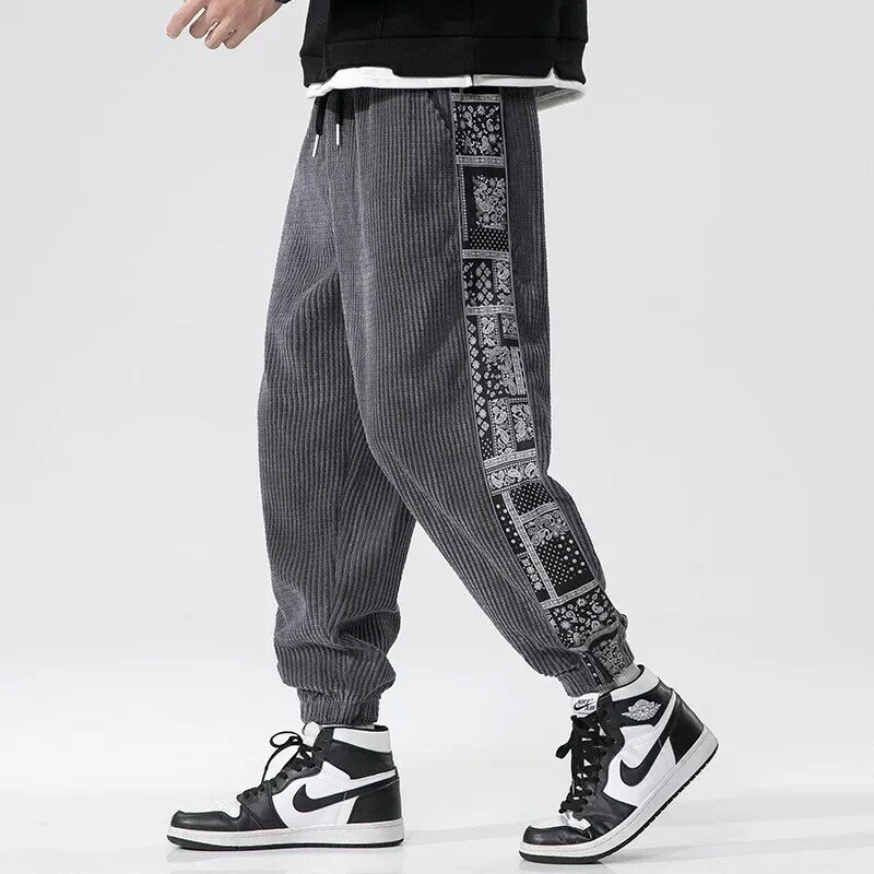 Chinese Style Printed Stitching Corduroy Men's Casual Pants Autumn/Winter New Elastic Waist Small Feet Sweatpants