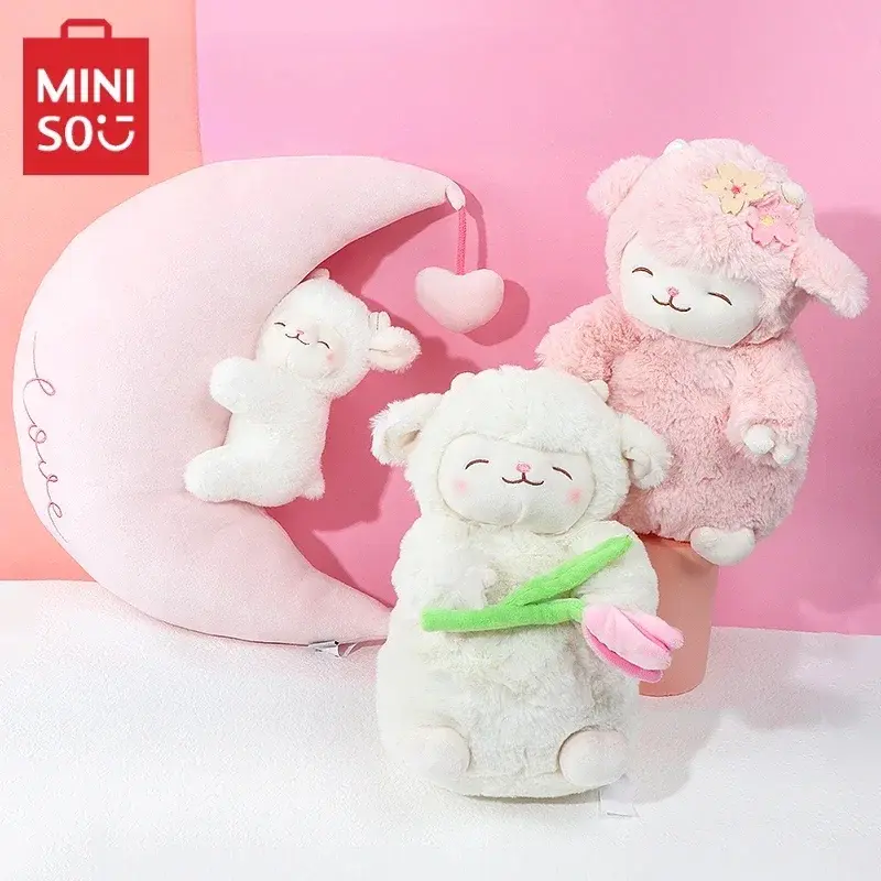 MINISO 양 Baa 시리즈 봉제 벚꽃 따뜻한 흰색 인형, 부드러운 양고기 스탠딩 베개, 어린이 장난감 생일 선물