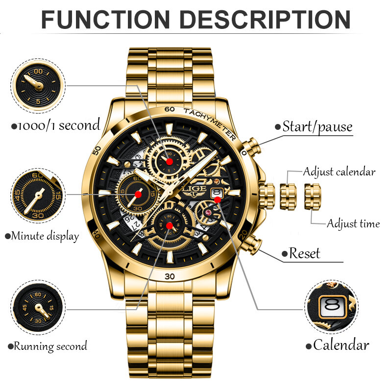 LIGE 2023 남성용 쿼츠 크로노그래프 손목 시계, 자동 날짜 방수 시계, 캐주얼 스포츠 시계, 럭셔리 탑 브랜드, 신제품