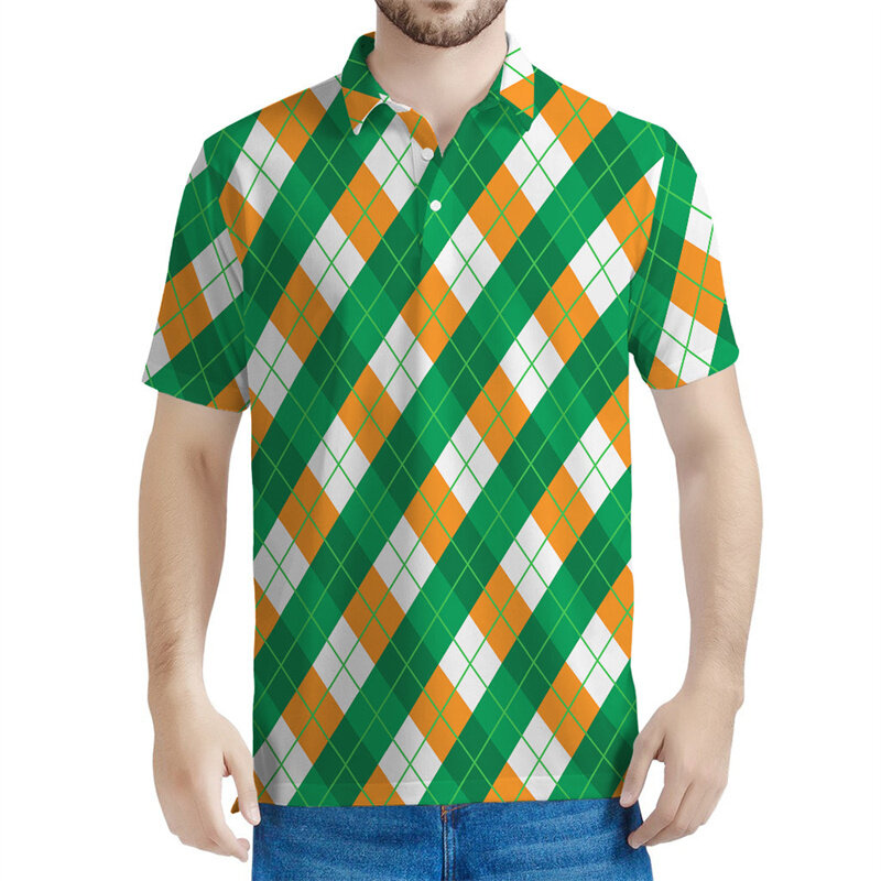 남성용 멀티 컬러 격자 무늬 패턴 폴로 셔츠, 3D 인쇄 기하학 반팔, 여름 스트리트 캐주얼 티셔츠, 탑 라펠 티셔츠