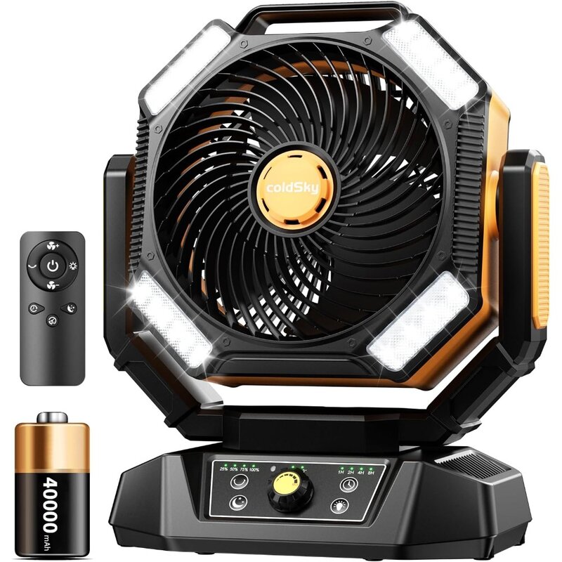 Camping Fan, Battery Operated Fan with 4 LED Light, 8 Speeds Desk Fan with Remote, Portable Rechargeable Outdoor Fan with Hook