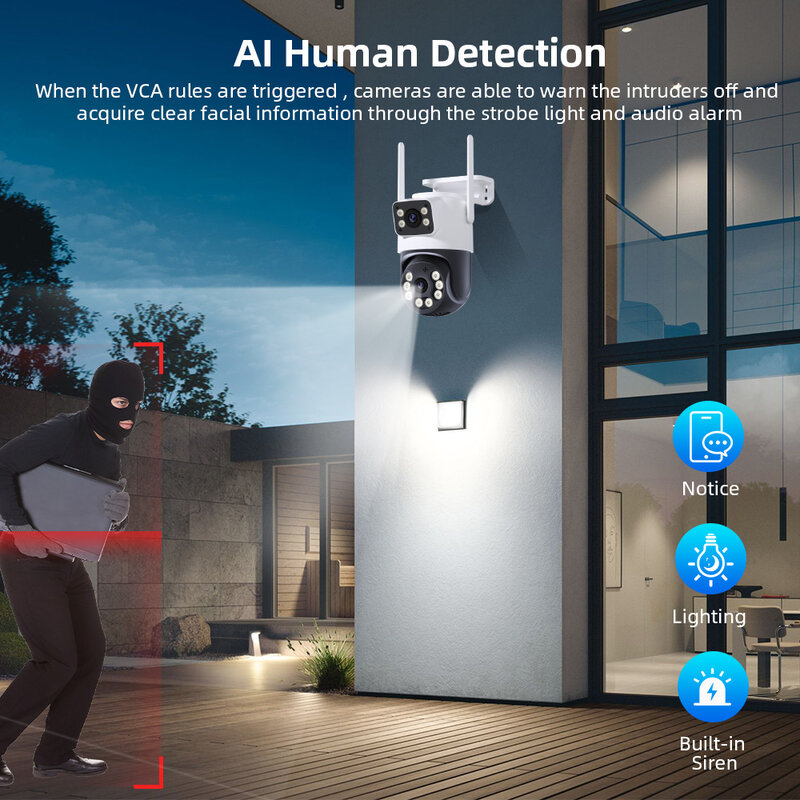 กล้องวงจรปิด Wi-Fi luar ruangan 8MP ระบบ AI จอคู่พร้อมกล้อง CCTV ระบบติดตามอัตโนมัติ