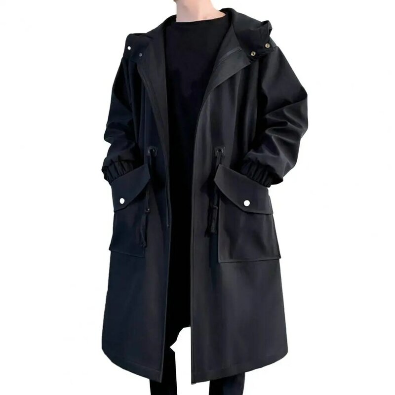 Casaco com capuz de comprimento médio masculino, jaqueta à prova de vento, bolsos grandes, fechamento de zíper, elástico, elegante, blusão
