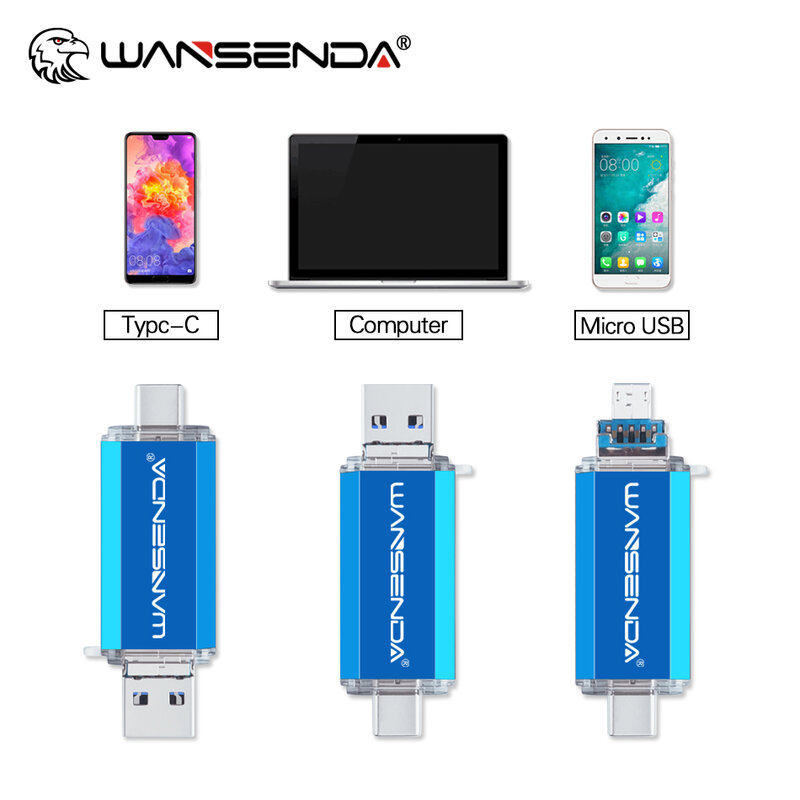Wansenda-USBフラッシュドライブ3in 1,32GB/64GB/3.0 GB/512GB,Type-CおよびUSB 256メモリ