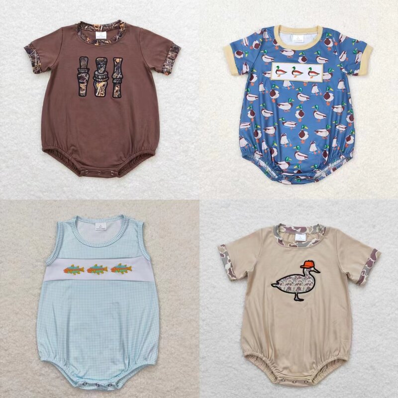 新生児ダックフィッシングルボディスーツ、ベビーボーイ幼児刺embroideryロンパース、半袖、キッズカモジャンプスーツ、1個、卸売