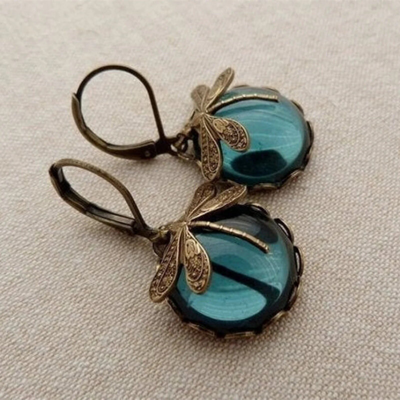 Vintage Bronze Libelle Ohrringe Mode Gold Farbe Metall Schnitz muster eingelegt Mondstein Tropfen Ohrringe für Frauen Schmuck