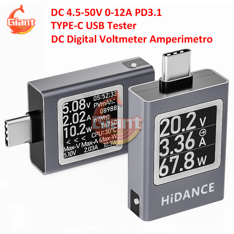 Digital Type-C Voltímetro e Amperímetro USB, Medidor de Potência, Carregamento, Teste de Capacidade, Tensão, Corrente, DC, DC 4.5-50V, 0-12A
