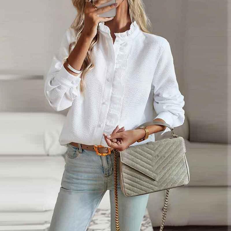 Женская рубашка в полоску, однобортная рубашка средней длины с оборками, длинным рукавом, в стиле пэчворк, для офиса и походов