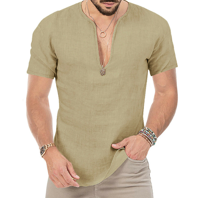 Camisa informal con cuello en V para hombre, camisetas de manga corta con botones, paquete de camisetas para hombre