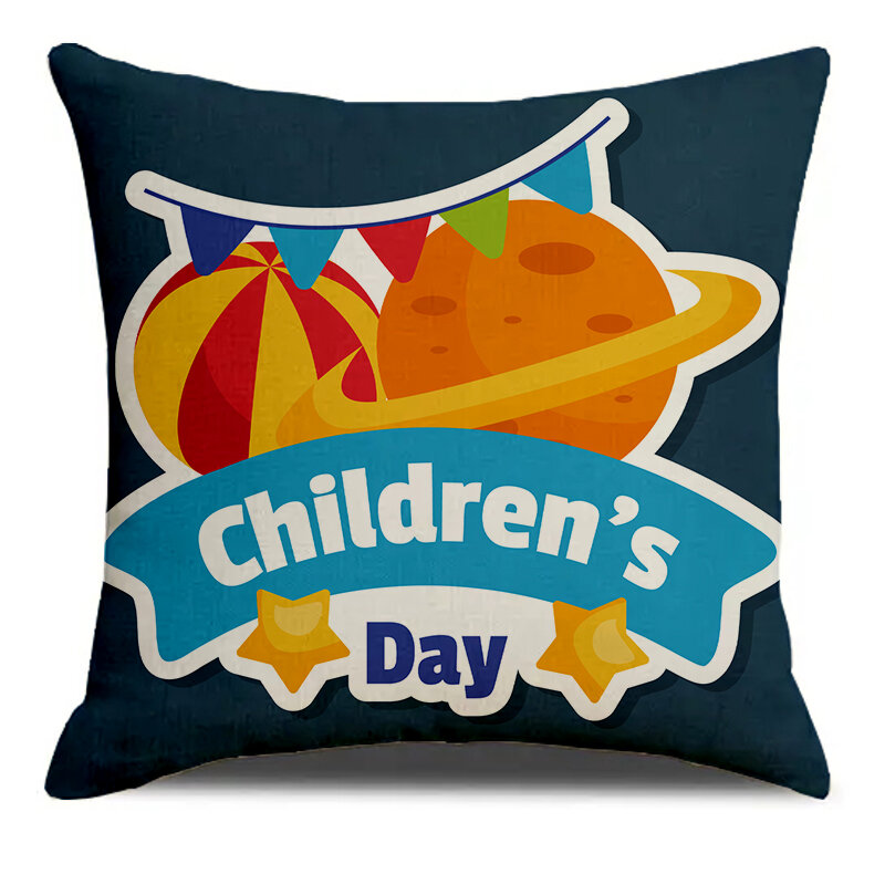 Happy Children's Day sarung bantal cetakan pelangi Linen, sarung bantal kotak lembut dekorasi rumah ruang tamu