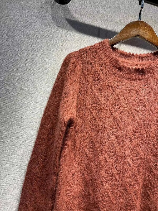 Sweter damski skręcony szydełkowy z wycięciem wąski jesienny swobodny sweter z dzianiny z okrągłym dekoltem
