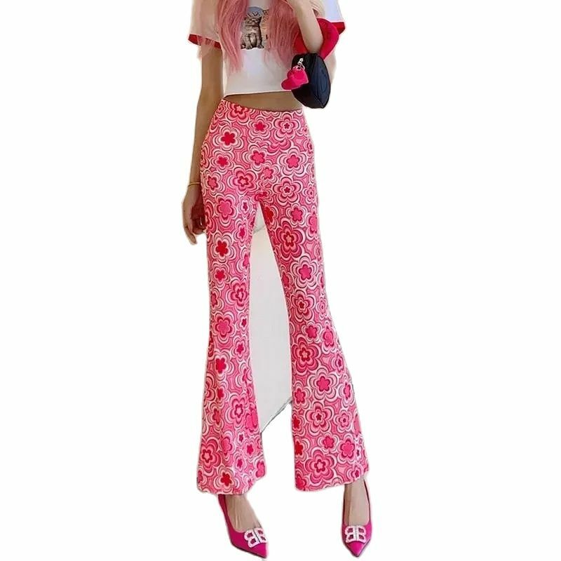 Bell Bottoms Female 2024 New Summer Thin Ice Silk High Waist Slim Colorful Floral Casual Micro Bell Bottoms Pants Women