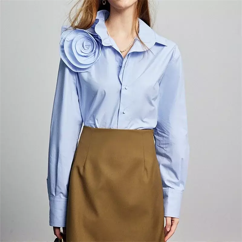Camisa feminina azul claro de flor 3D, casaco elegante, roupa feminina para o trabalho, roupa senhora, mulheres, 1 pc